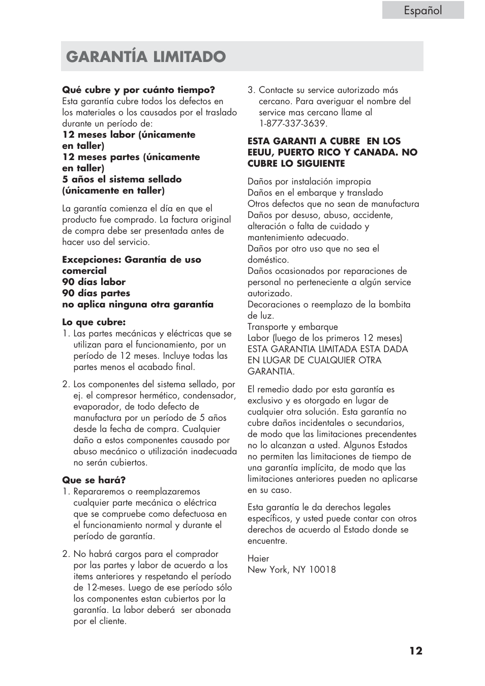 Garantía limitado, Español | haier ECR1 7 User Manual | Page 37 / 38