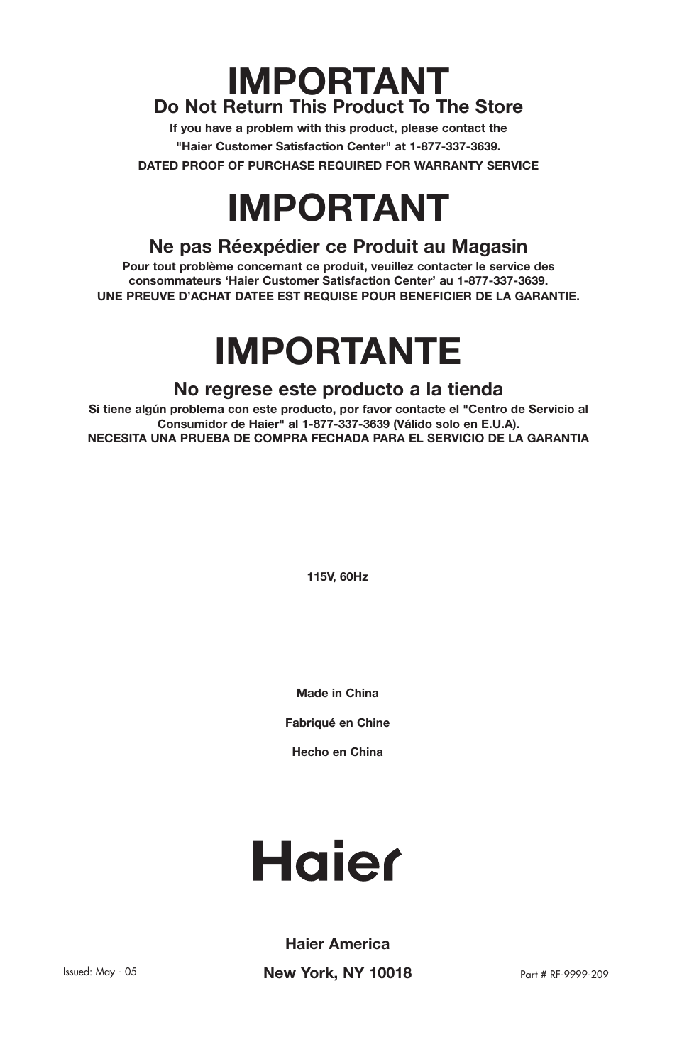 Important, Importante, Do not return this product to the store | Ne pas réexpédier ce produit au magasin, No regrese este producto a la tienda | haier WDNS201SS User Manual | Page 16 / 16