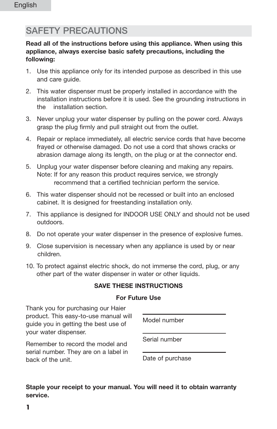 Safety precautions | haier WDNS201SS User Manual | Page 2 / 16