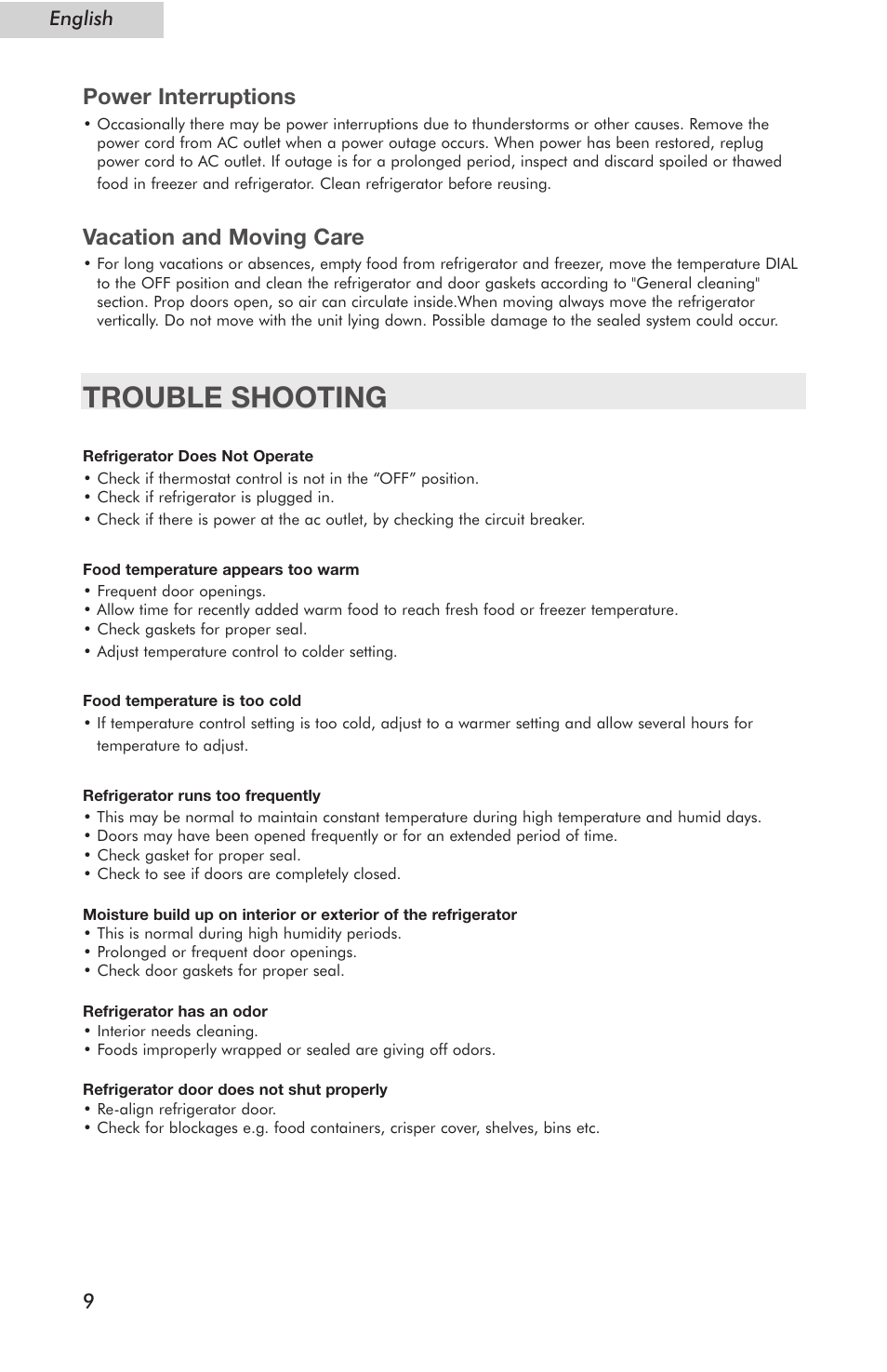 Trouble shooting, Power interruptions, Vacation and moving care | haier Compact Refrigerator HSE04WNC User Manual | Page 10 / 36