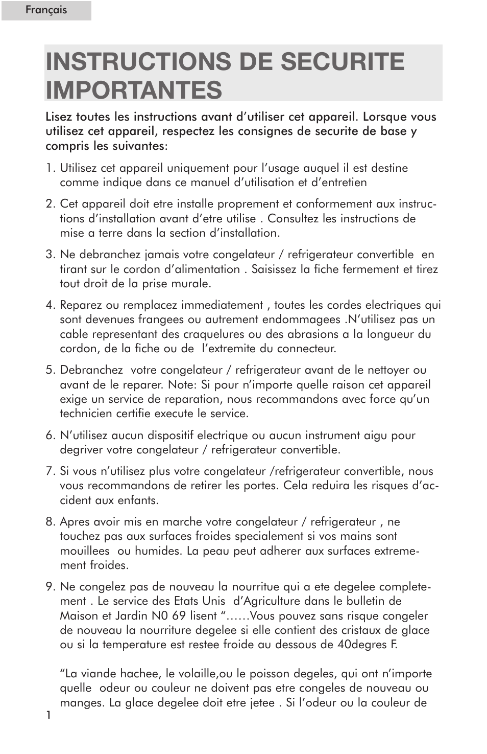 Instructions de securite importantes | haier Compact Refrigerator HSE04WNC User Manual | Page 12 / 36