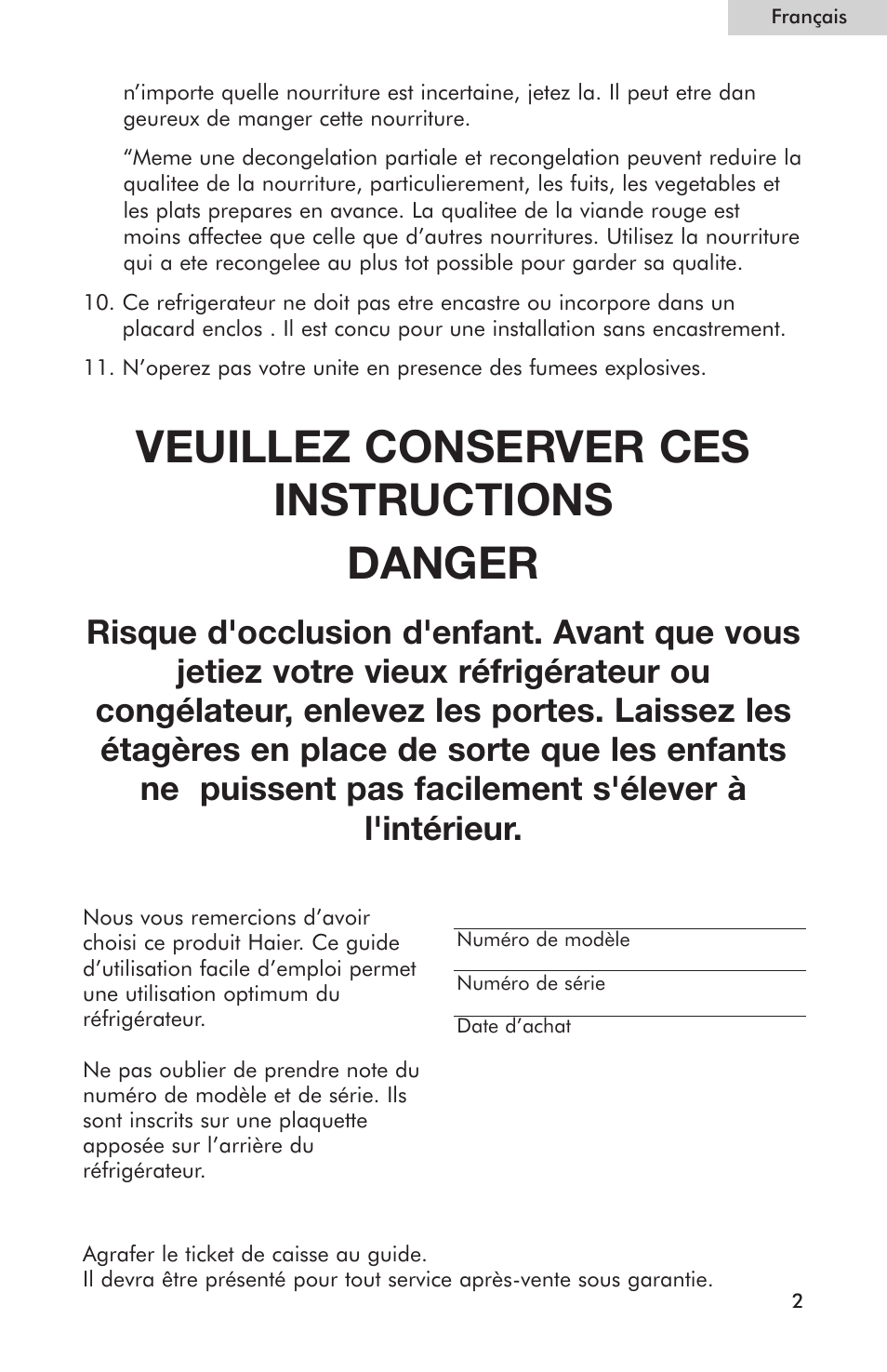 Veuillez conserver ces instructions danger | haier Compact Refrigerator HSE04WNC User Manual | Page 13 / 36