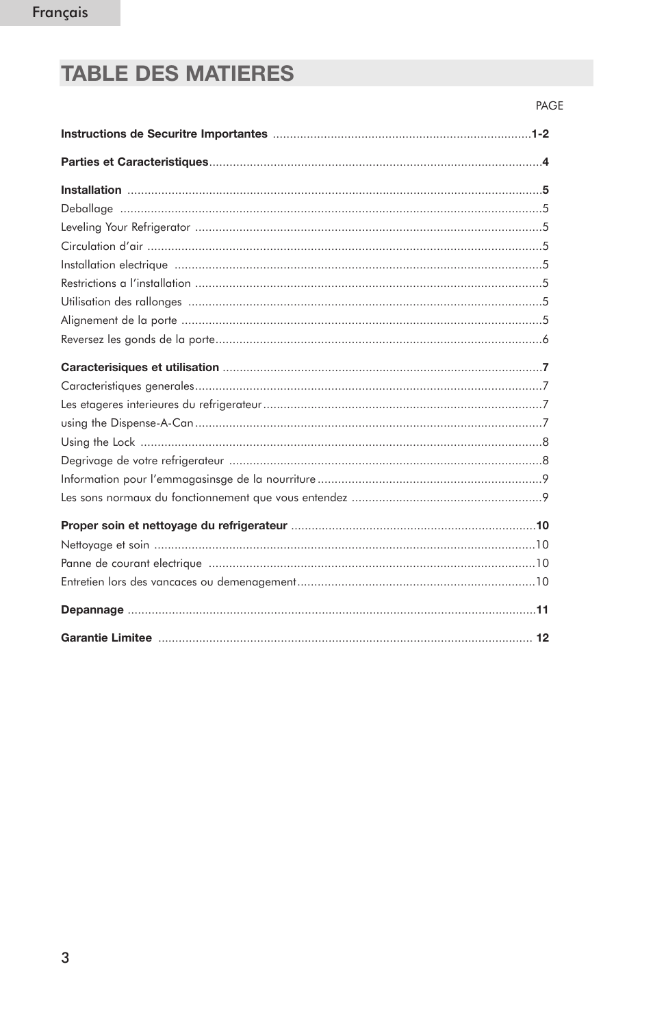 Table des matieres, 3français | haier Compact Refrigerator HSE04WNC User Manual | Page 14 / 36
