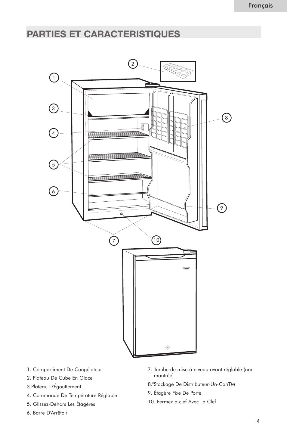 Parties et caracteristiques, Français 4 | haier Compact Refrigerator HSE04WNC User Manual | Page 15 / 36