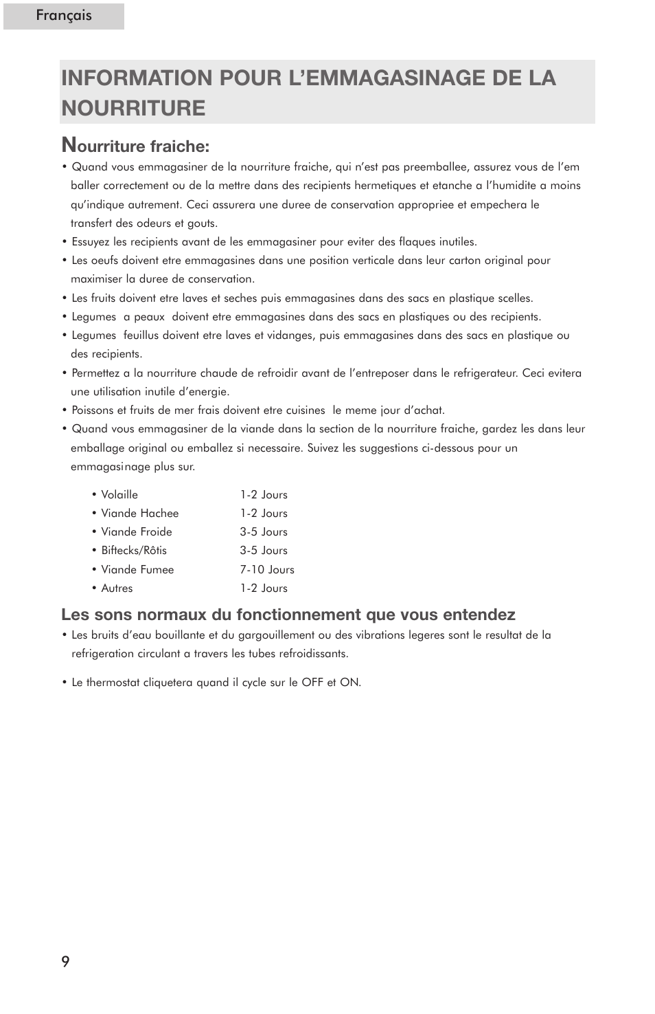 Information pour l’emmagasinage de la nourriture n, Ourriture fraiche, 9français | haier Compact Refrigerator HSE04WNC User Manual | Page 20 / 36