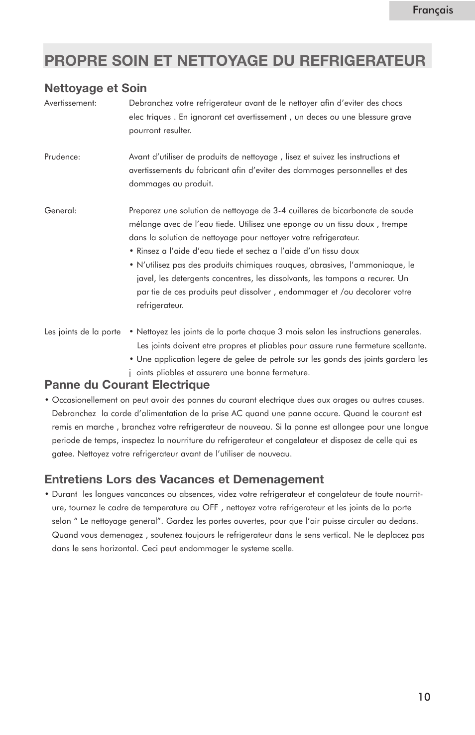 Propre soin et nettoyage du refrigerateur, Nettoyage et soin, Panne du courant electrique | Entretiens lors des vacances et demenagement, 10 français | haier Compact Refrigerator HSE04WNC User Manual | Page 21 / 36