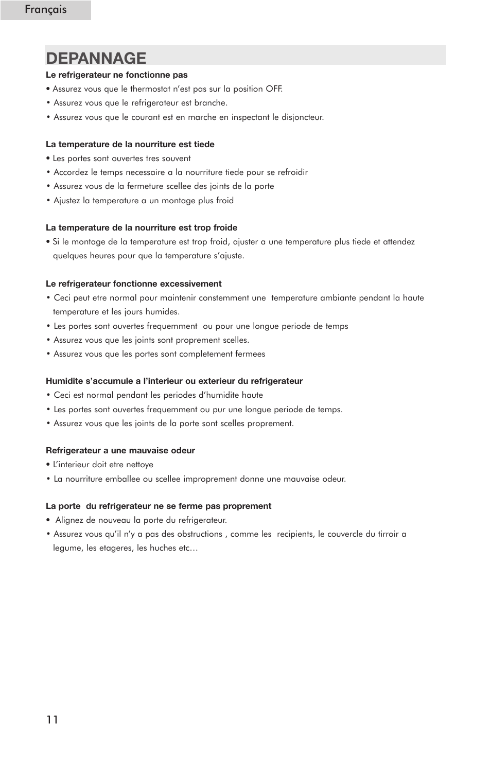 Depannage, Français 11 | haier Compact Refrigerator HSE04WNC User Manual | Page 22 / 36