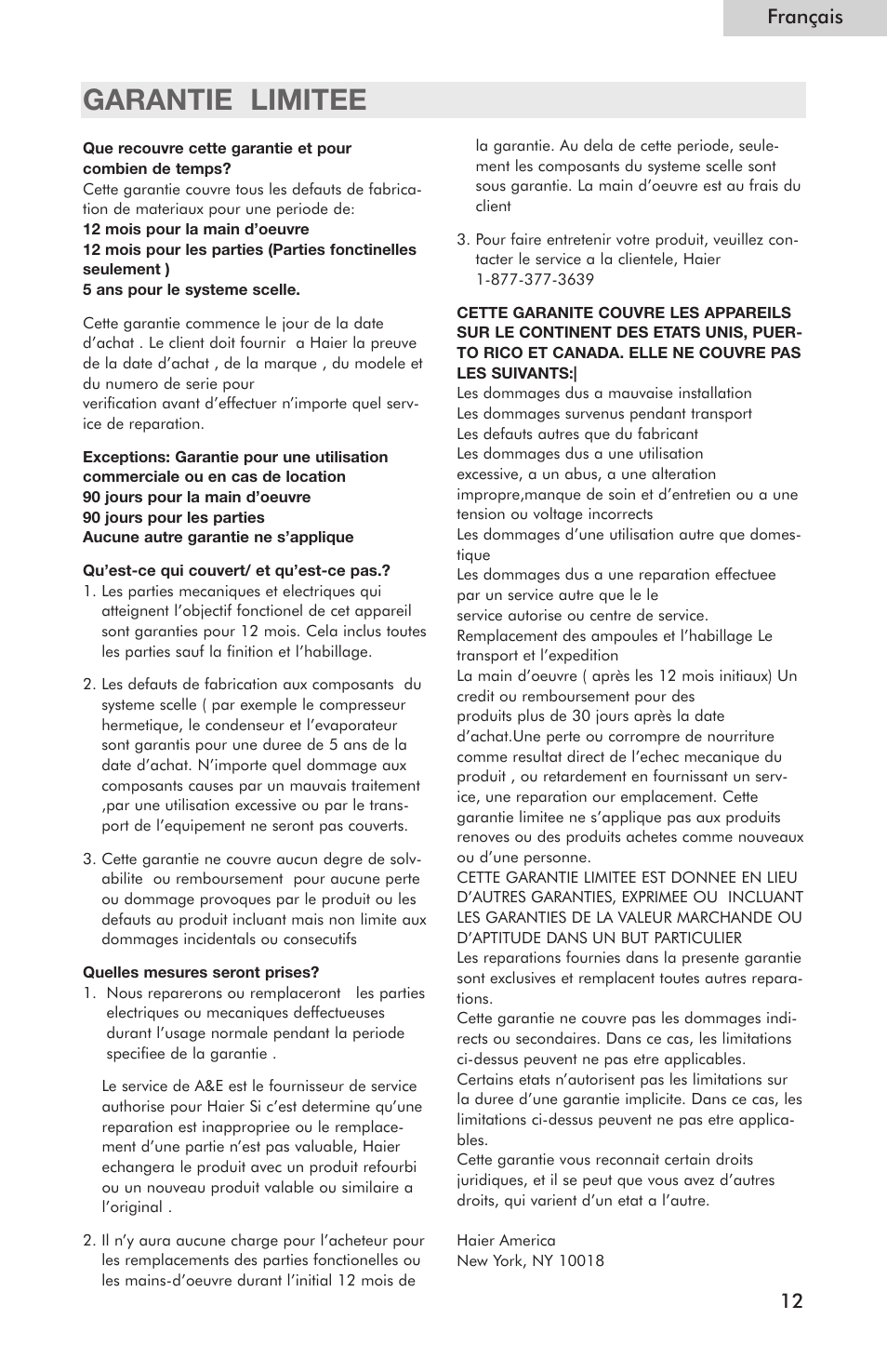 Garantie limitee, Français 12 | haier Compact Refrigerator HSE04WNC User Manual | Page 23 / 36