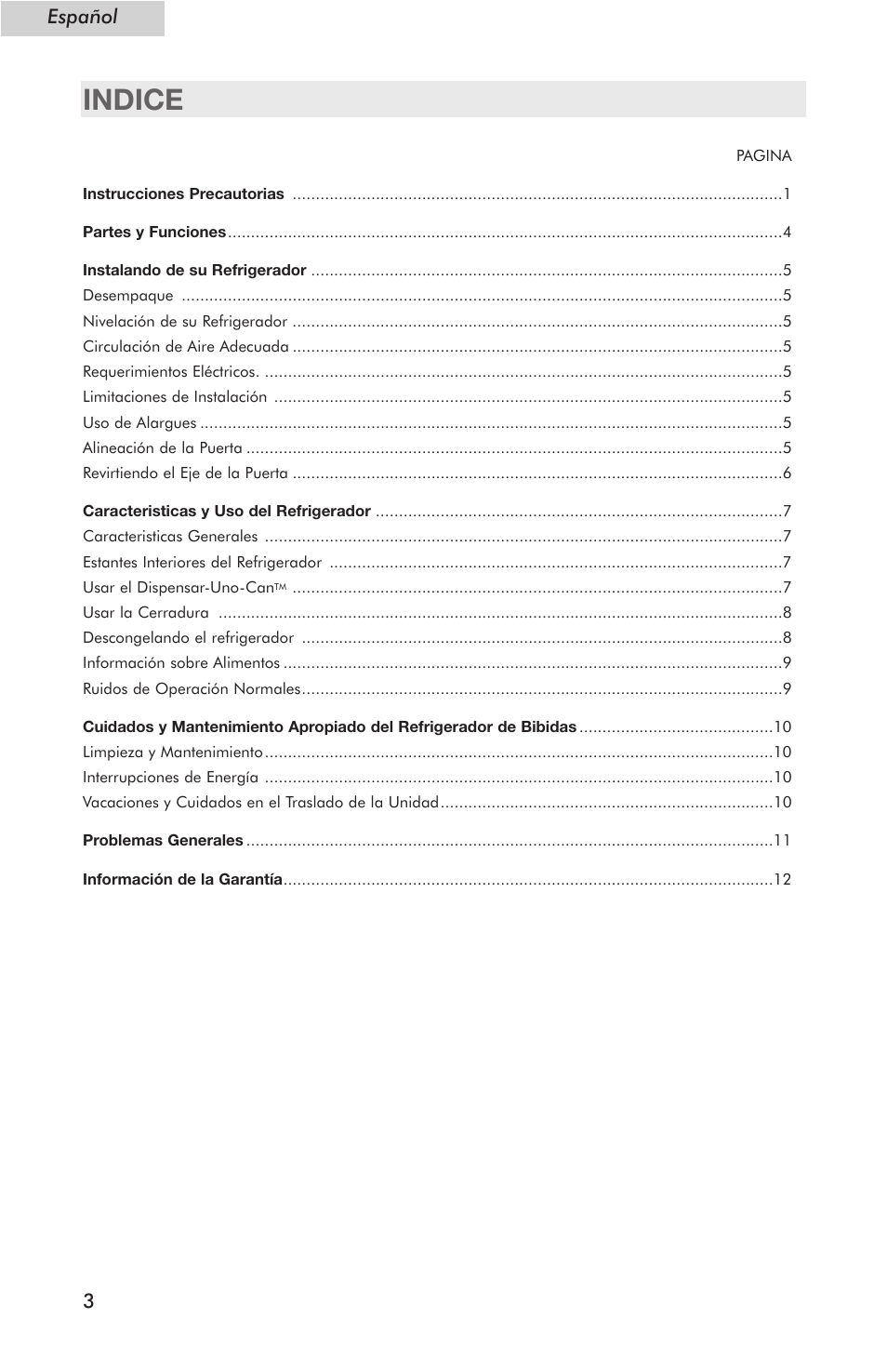 Indice, Español 3 | haier Compact Refrigerator HSE04WNC User Manual | Page 26 / 36