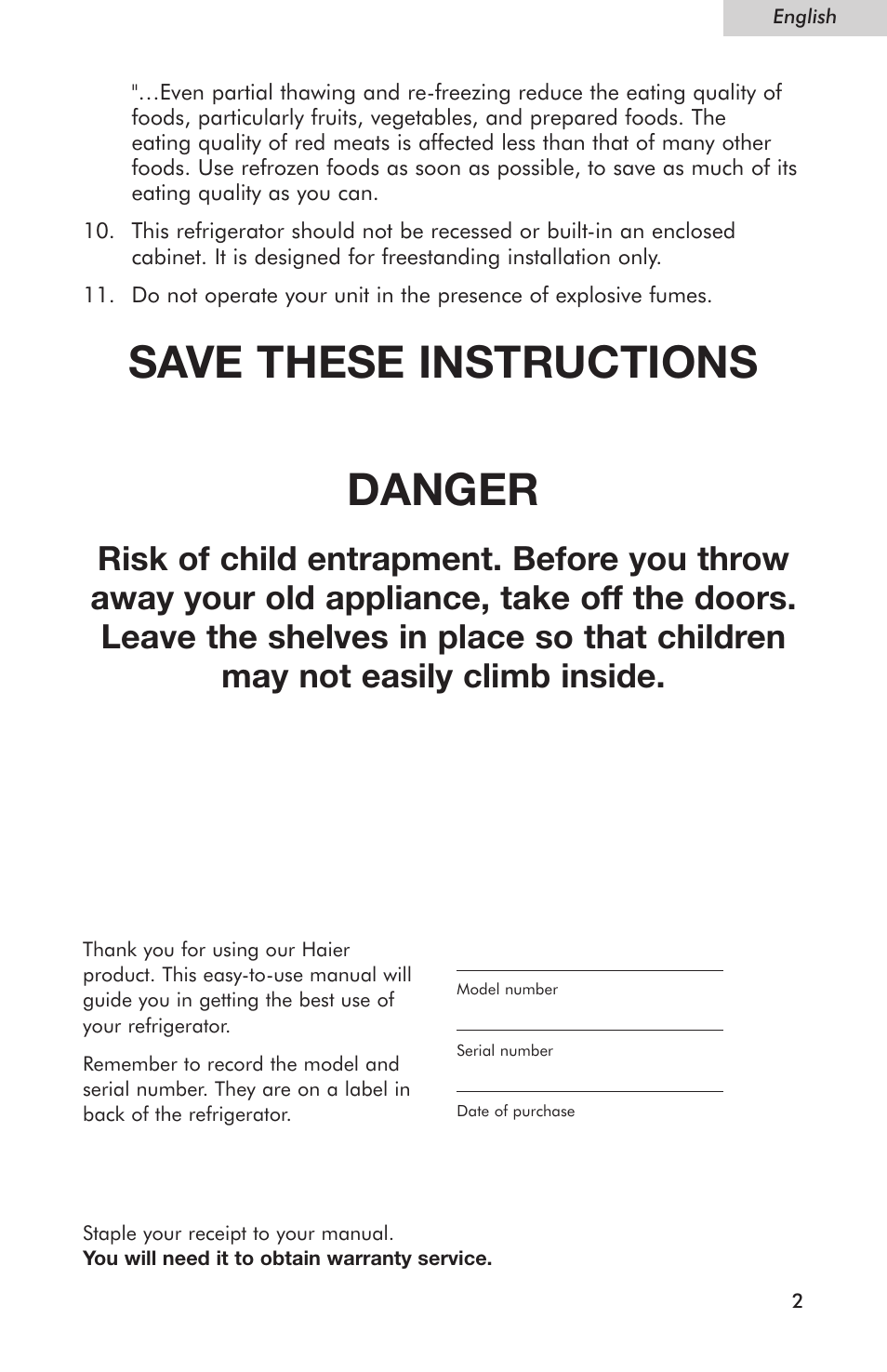 Save these instructions danger | haier Compact Refrigerator HSE04WNC User Manual | Page 3 / 36