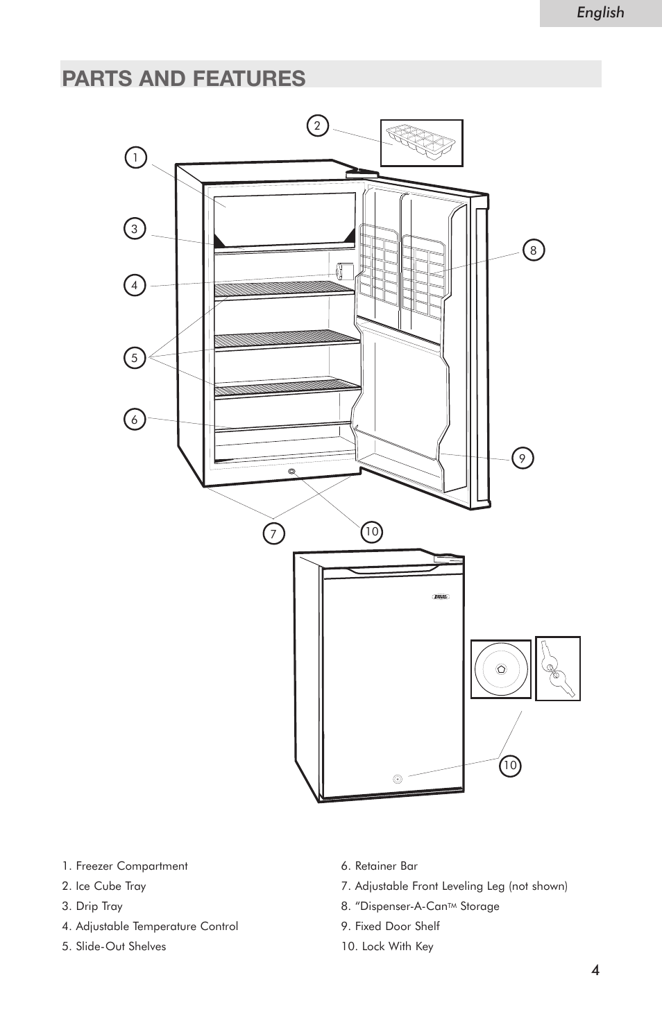 Parts and features, English 4 | haier Compact Refrigerator HSE04WNC User Manual | Page 5 / 36