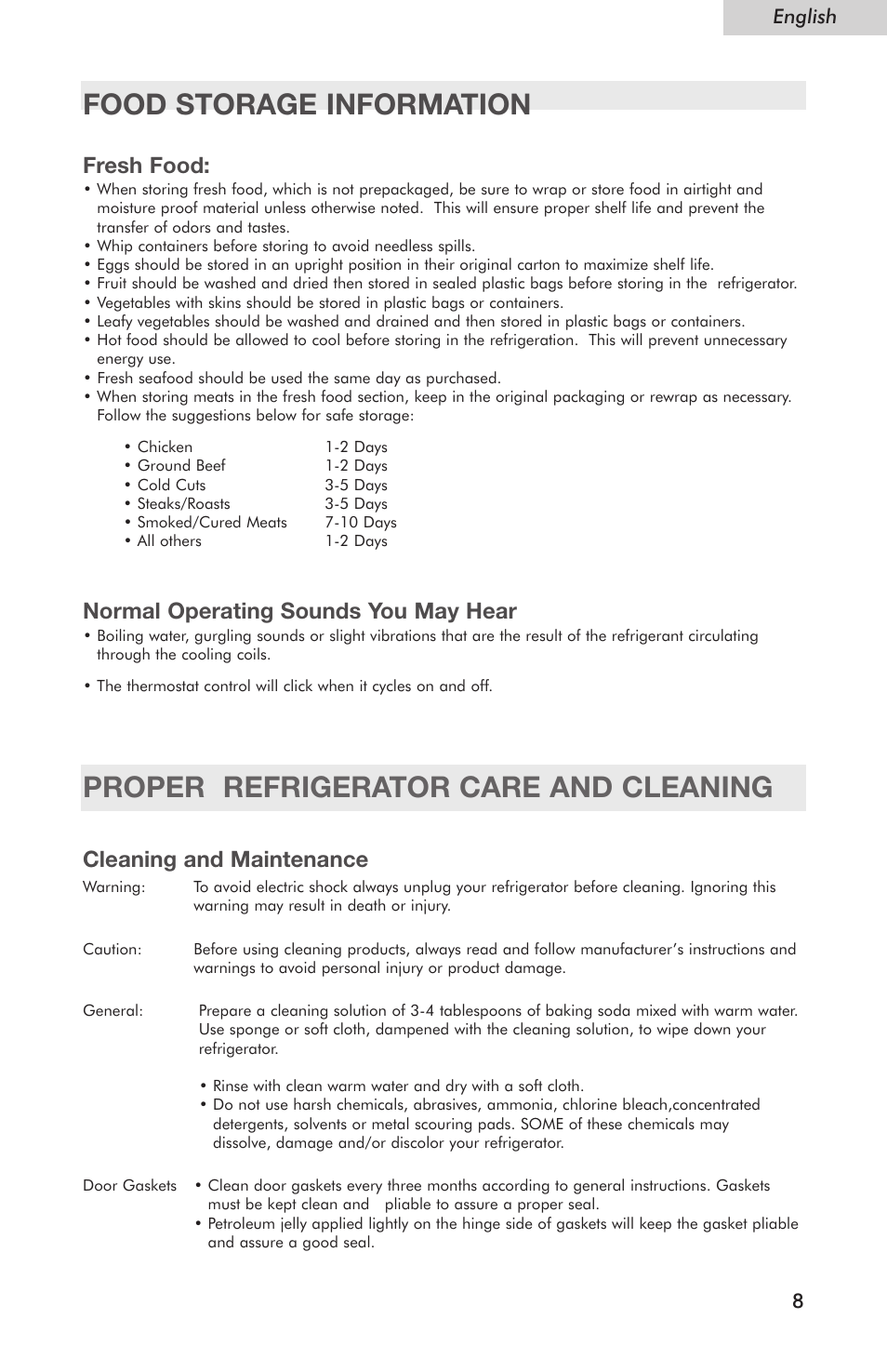Proper refrigerator care and cleaning, Food storage information, Cleaning and maintenance | Fresh food, Normal operating sounds you may hear | haier Compact Refrigerator HSE04WNC User Manual | Page 9 / 36