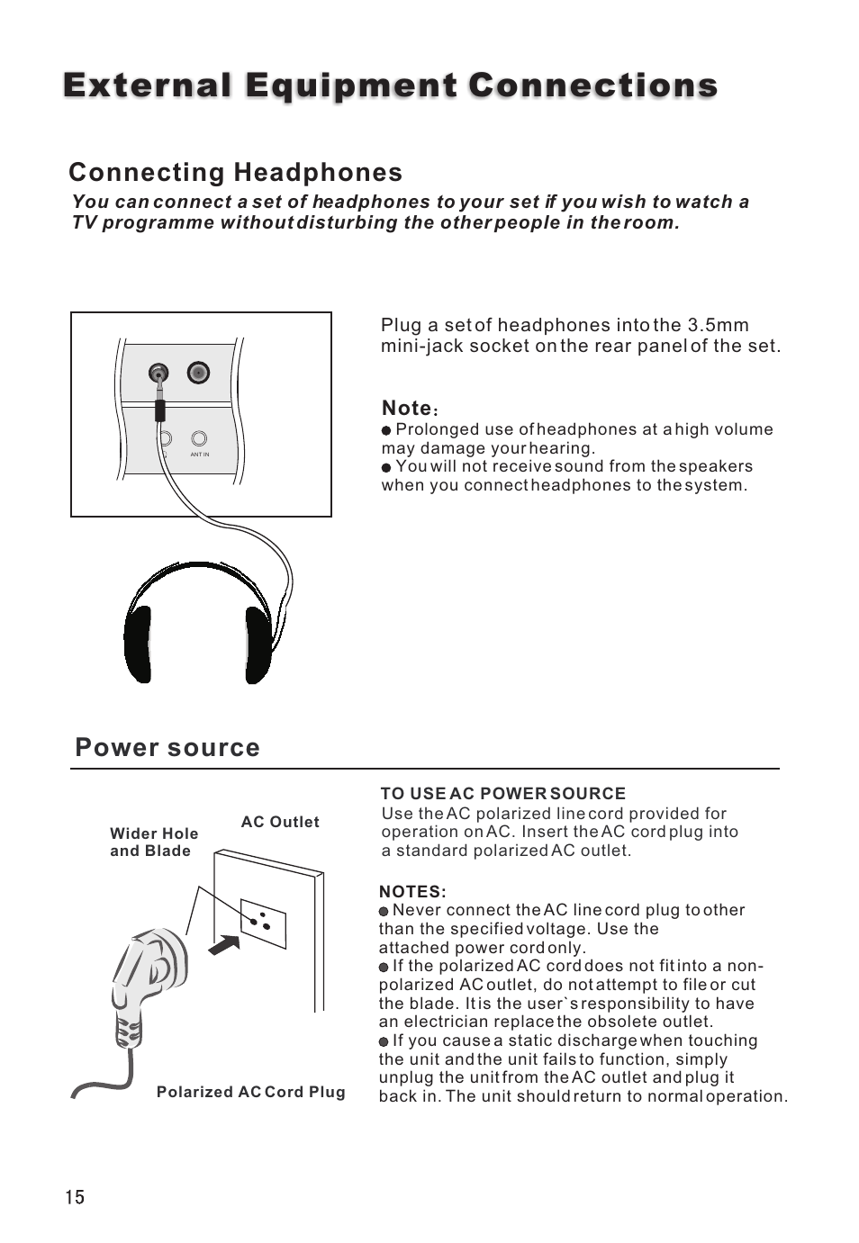 External equipment connections, Power source, Connecting headphones | haier L32A8A User Manual | Page 16 / 39
