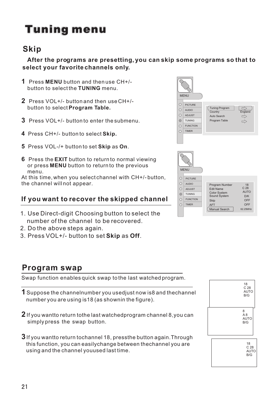 Tuning menu, Skip, Program swap | If you want to recover the skipped channel | haier L32A8A User Manual | Page 22 / 39