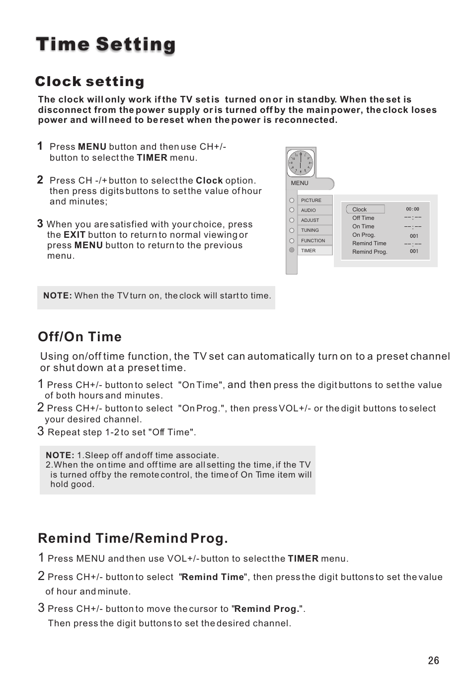 Time setting, Clock setting, Off/on time | Remind time/remind prog | haier L32A8A User Manual | Page 27 / 39