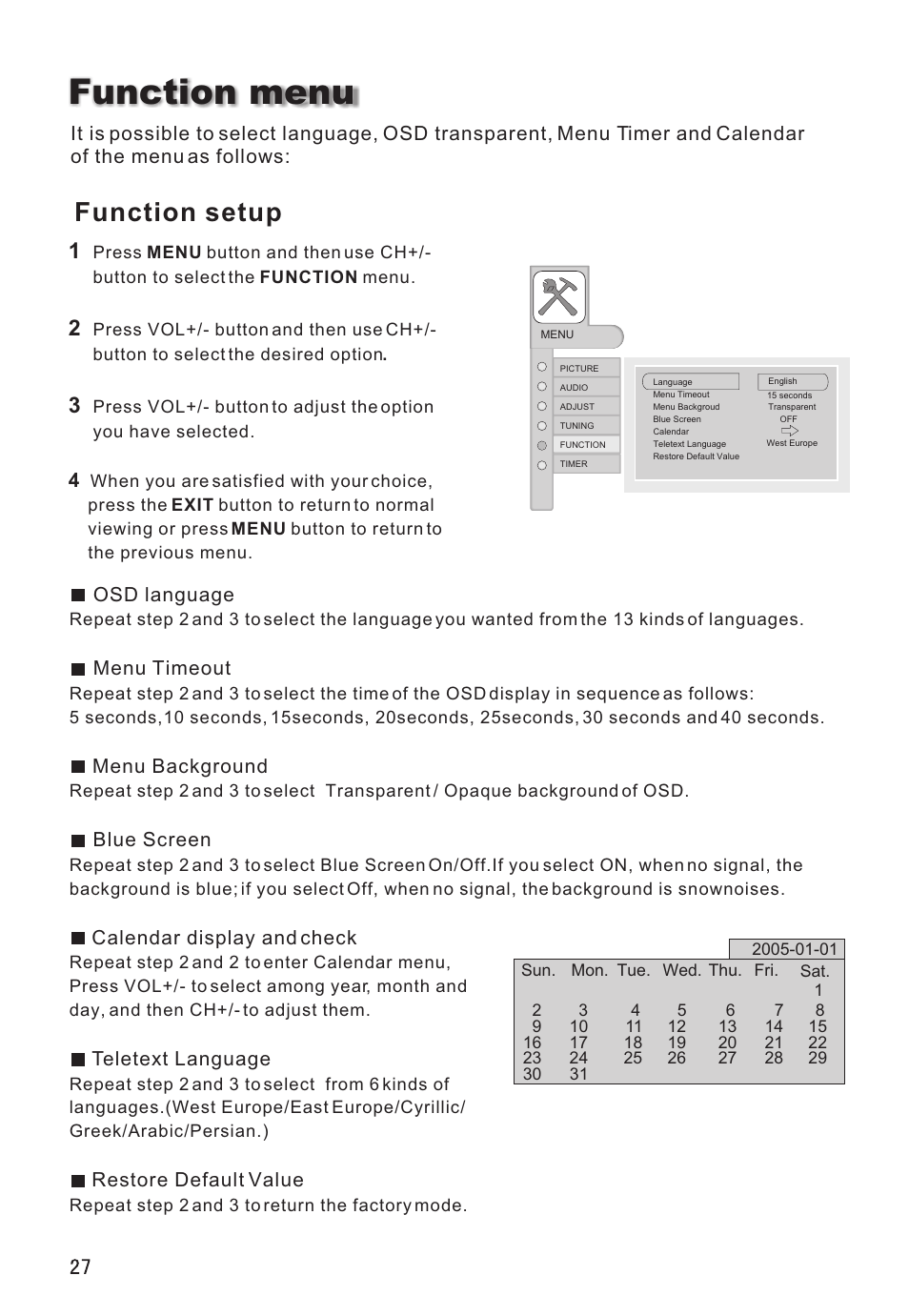 Function menu, Function setup | haier L32A8A User Manual | Page 28 / 39
