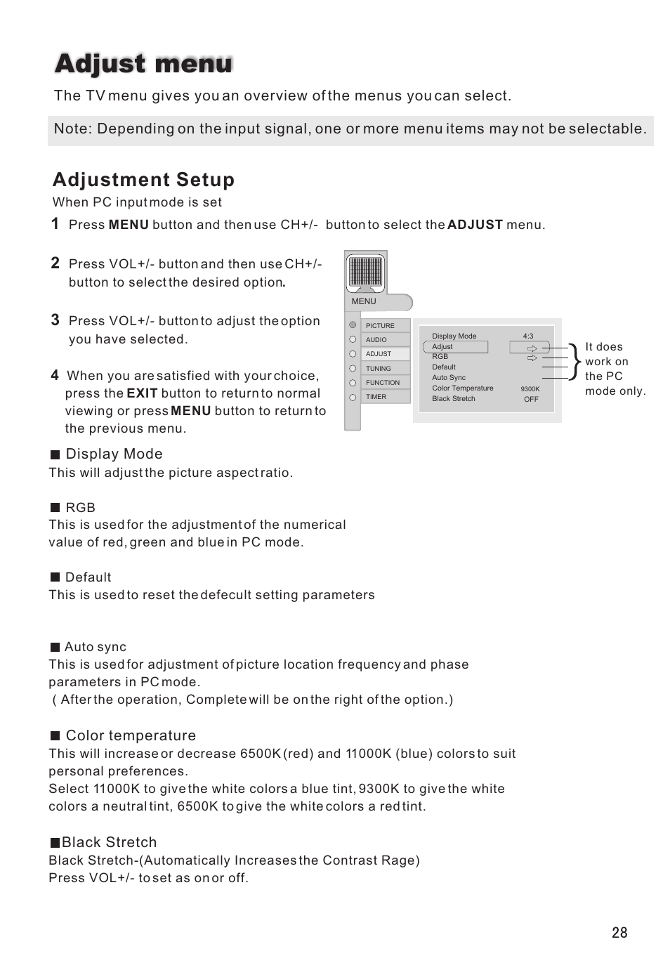 Adjust menu, Adjustment setup, Display mode | Color temperature, Black stretch | haier L32A8A User Manual | Page 29 / 39