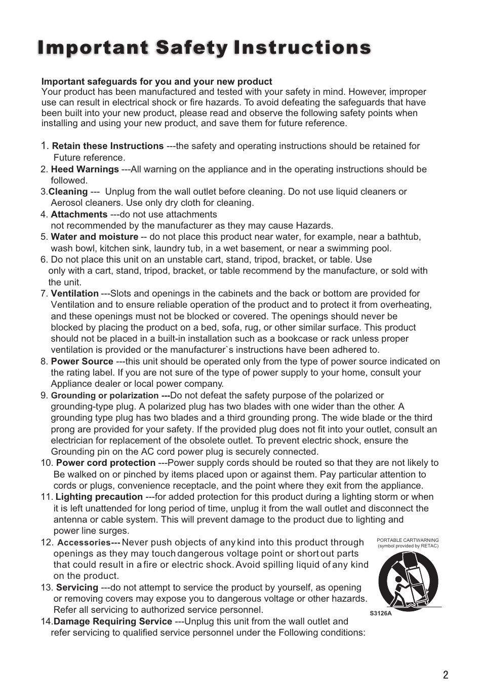 Important safety instructions | haier L32A8A User Manual | Page 3 / 39