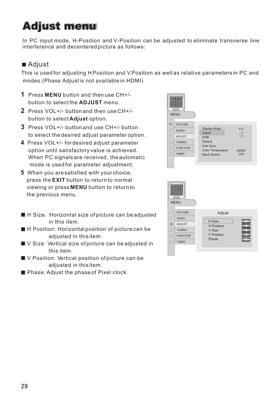 Adjust menu, Adjust | haier L32A8A User Manual | Page 30 / 39