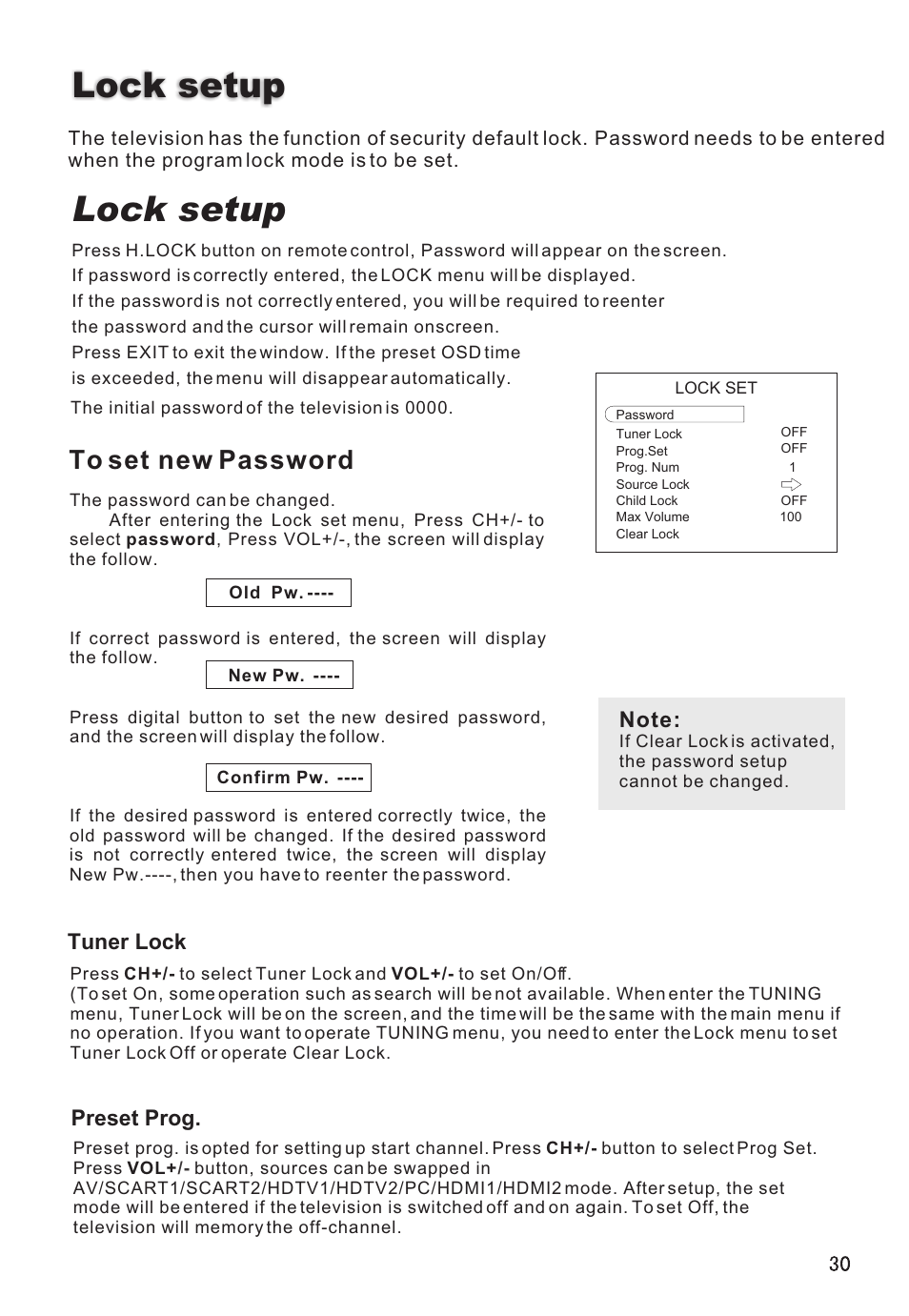 Lock setup, Tuner lock, Preset prog | haier L32A8A User Manual | Page 31 / 39