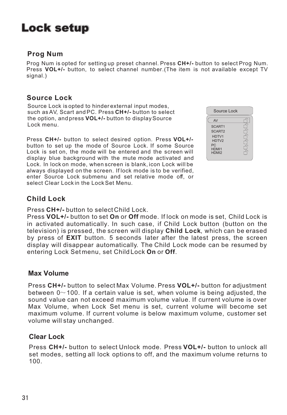 Lock setup, Prog num, Source lock | Max volume, Clear lock, Child lock | haier L32A8A User Manual | Page 32 / 39