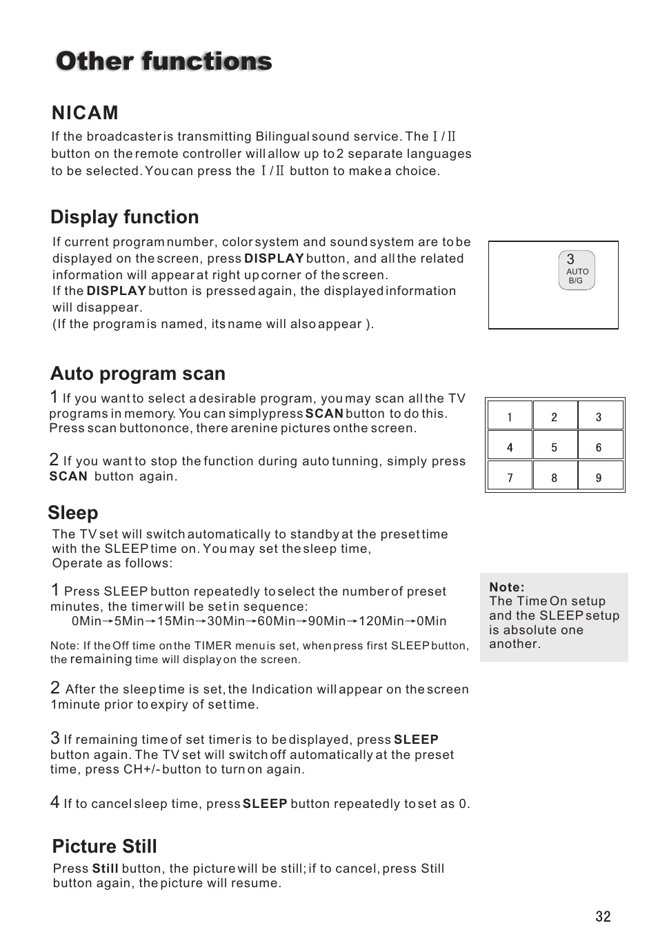 Other functions, Display function nicam, Auto program scan | Sleep, Picture still | haier L32A8A User Manual | Page 33 / 39
