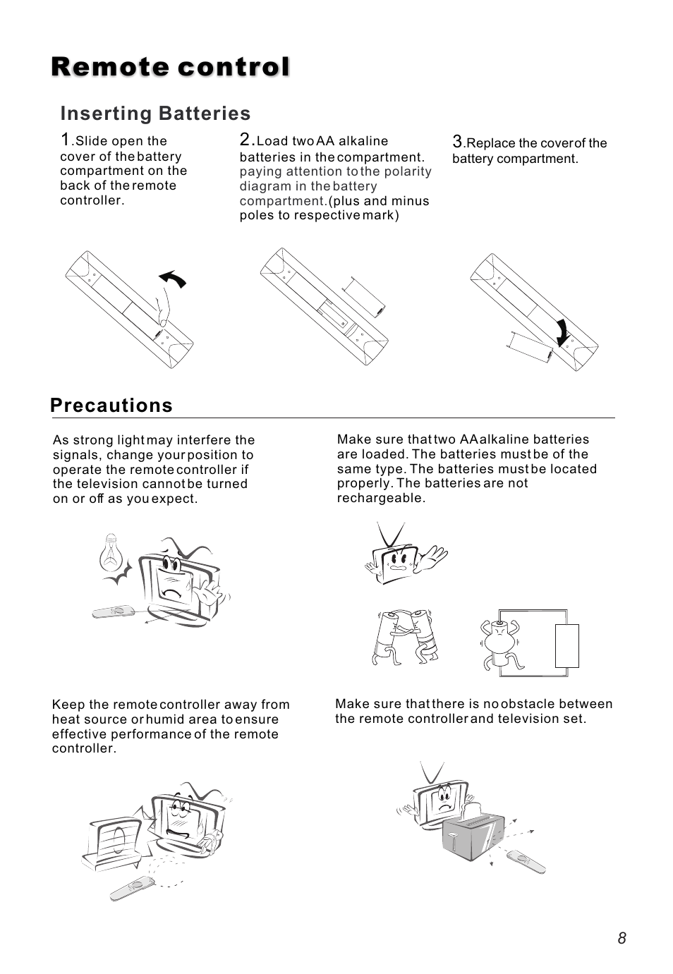 Remote control, Precautions, Inserting batteries | haier L32A8A User Manual | Page 9 / 39