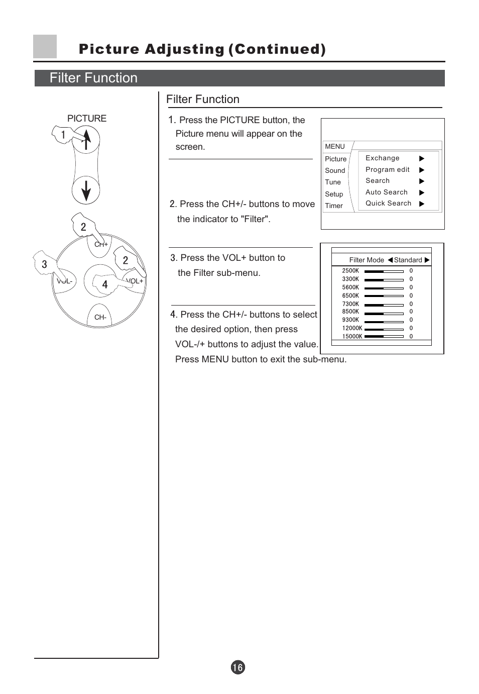 Filter function, Picture adjusting (continued) | haier D34FA9-AK User Manual | Page 17 / 45