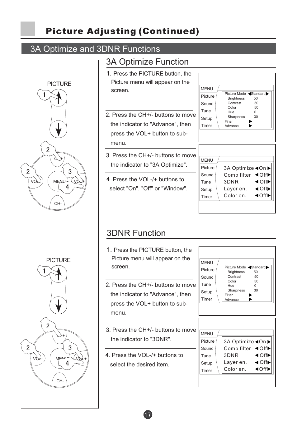 Picture adjusting (continued), 3dnr function | haier D34FA9-AK User Manual | Page 18 / 45