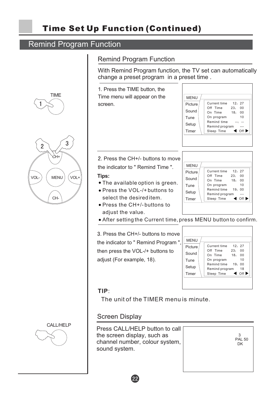 Remind program function, Screen display, Tip : the unit of the timer menu is minute | haier D34FA9-AK User Manual | Page 23 / 45