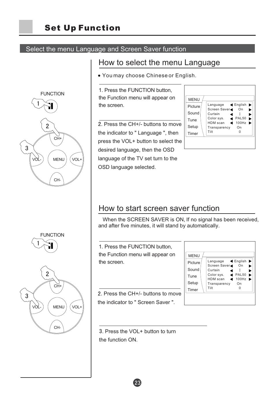 Set up function how to select the menu language, How to start screen saver function, Select the menu language and screen saver function | haier D34FA9-AK User Manual | Page 24 / 45