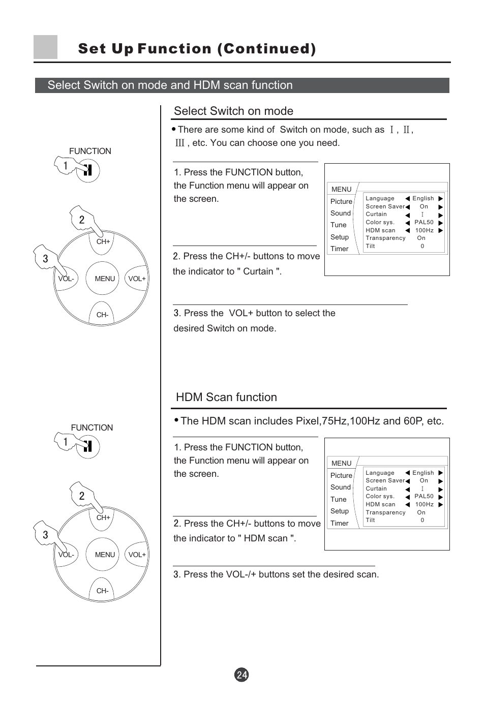 Set up function (continued), Hdm scan function | haier D34FA9-AK User Manual | Page 25 / 45