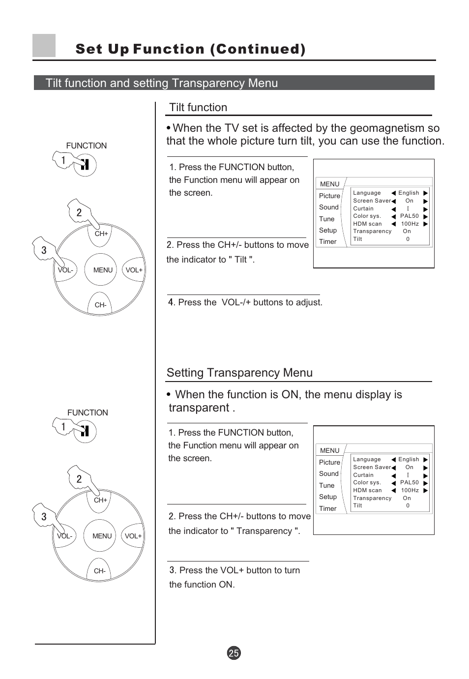 Set up function (continued), Tilt function and setting transparency menu, Setting transparency menu | Ransparent, When the function is on, the menu display is t | haier D34FA9-AK User Manual | Page 26 / 45