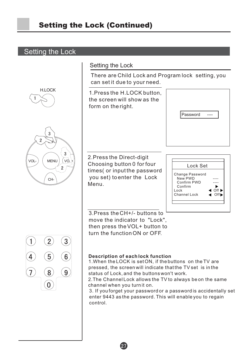 Setting the lock (continued) setting the lock, Setting the lock | haier D34FA9-AK User Manual | Page 28 / 45