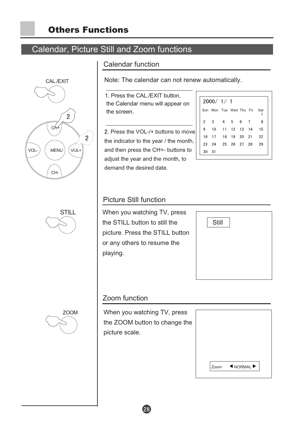 Others functions, Calendar, picture still and zoom functions, Calendar function | Picture still function, Zoom function | haier D34FA9-AK User Manual | Page 29 / 45