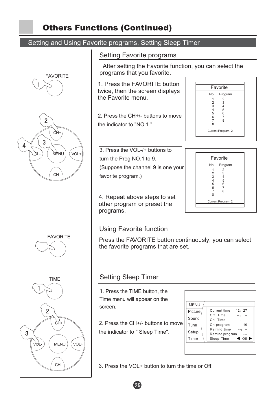 Others functions (continued), Using favorite function, Setting sleep timer | haier D34FA9-AK User Manual | Page 30 / 45