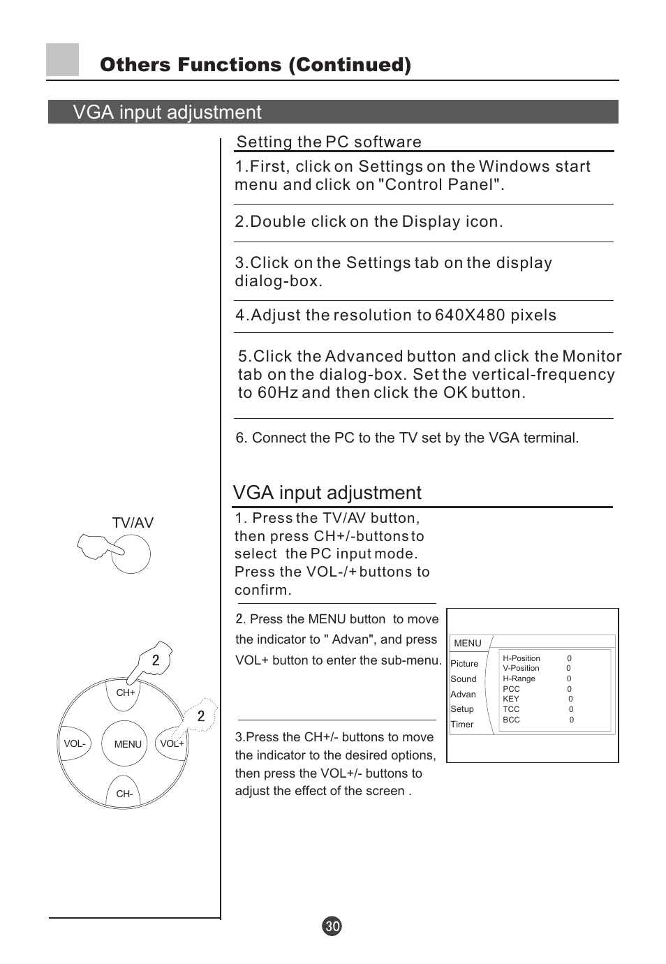 Others functions (continued) vga input adjustment, Vga input adjustment, Setting the pc software | Connect the pc to the tv set by the vga terminal | haier D34FA9-AK User Manual | Page 31 / 45