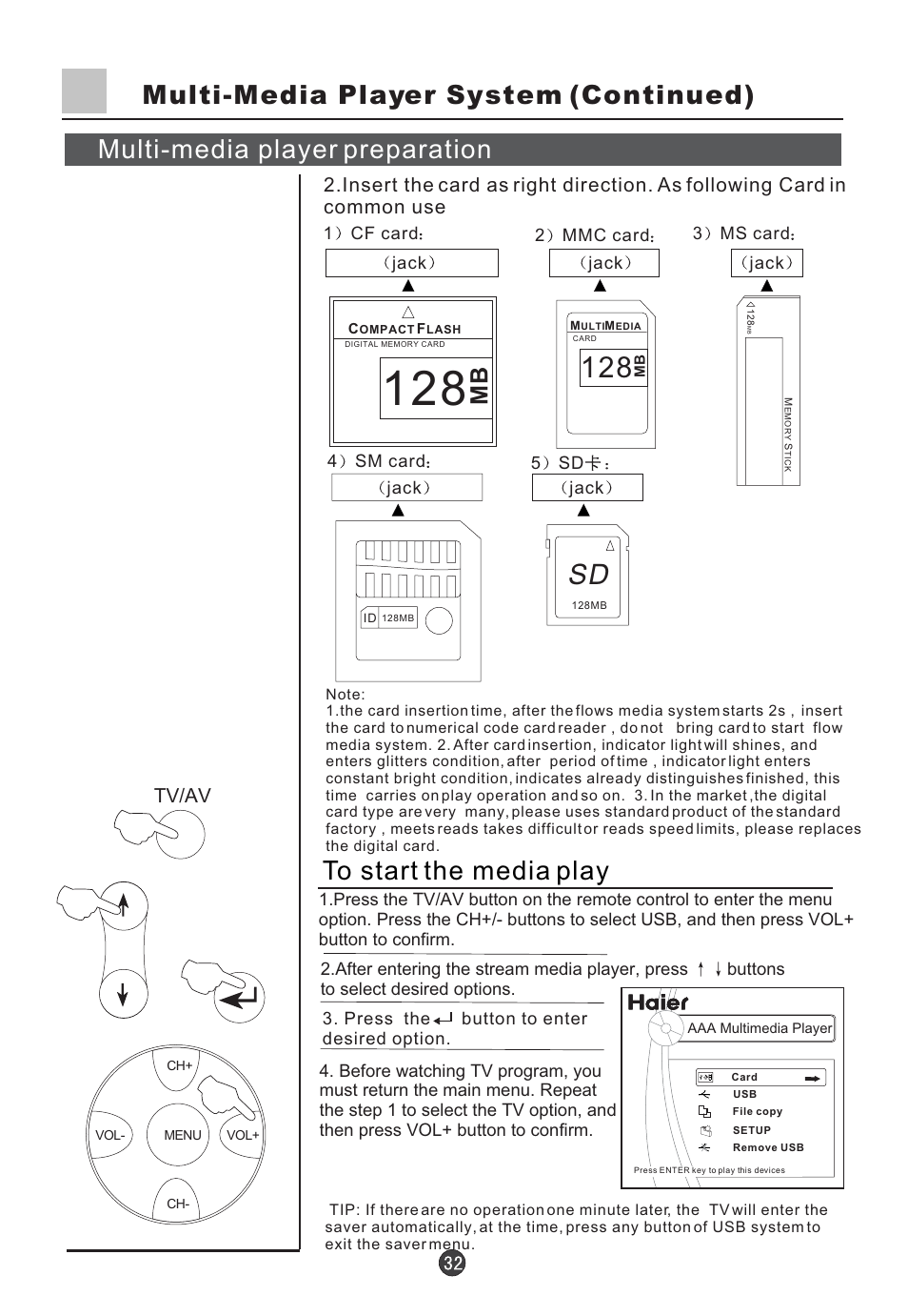 Multi-media player system (continued), Multi-media player preparation, Tv/av | haier D34FA9-AK User Manual | Page 33 / 45