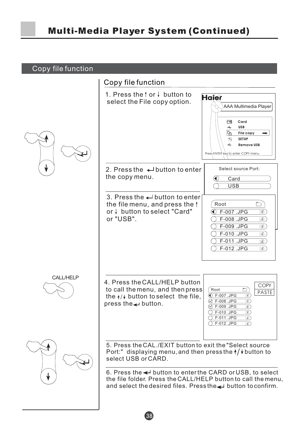Multi-media player system (continued), Copy file function | haier D34FA9-AK User Manual | Page 39 / 45