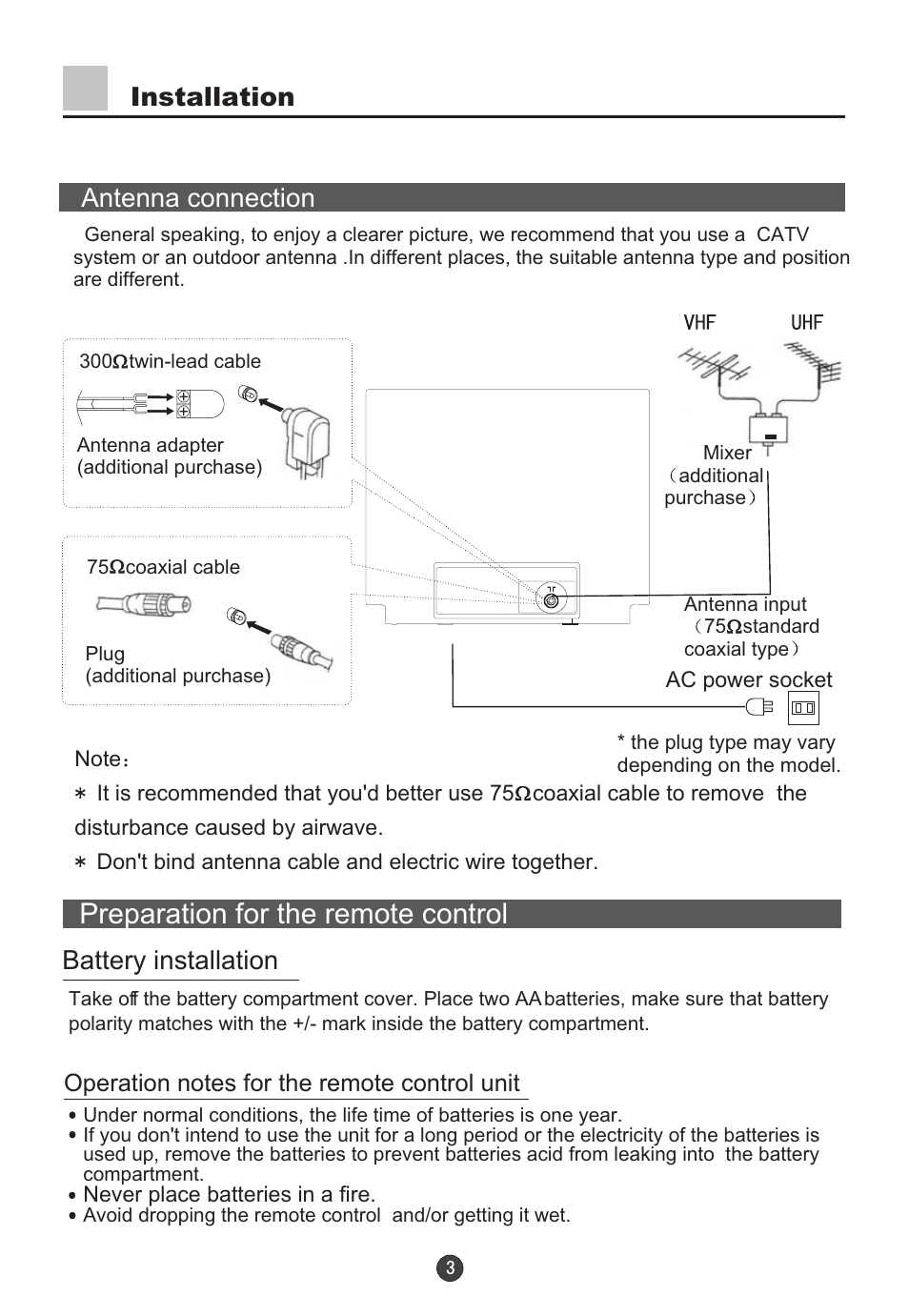 Preparation for the remote control, Installation antenna connection, Battery installation | haier D34FA9-AK User Manual | Page 4 / 45