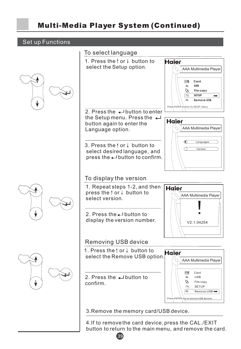 Multi-media player system (continued), Set up functions, Removing usb device | haier D34FA9-AK User Manual | Page 40 / 45