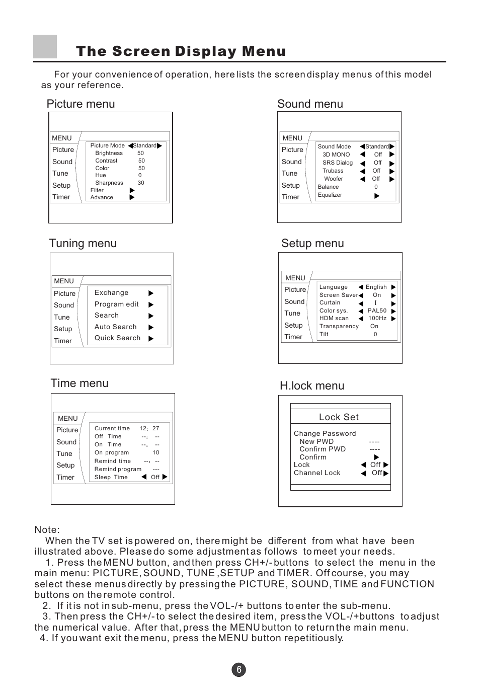 The screen display menu, Lock set | haier D34FA9-AK User Manual | Page 7 / 45