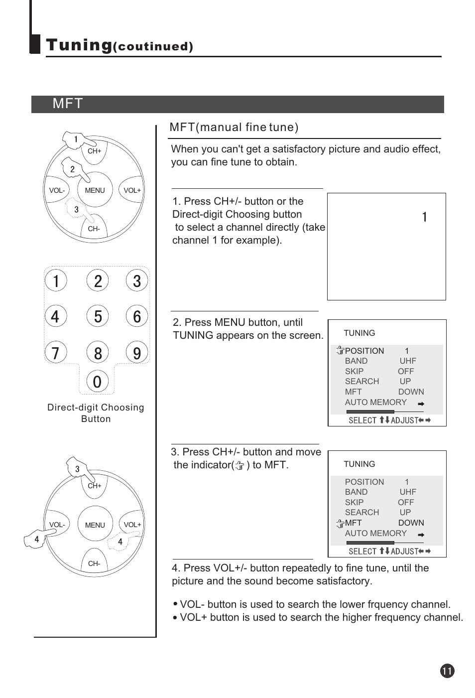 Tuning, Coutinued), Mft(manual fine tune) | haier 25T3A User Manual | Page 12 / 29