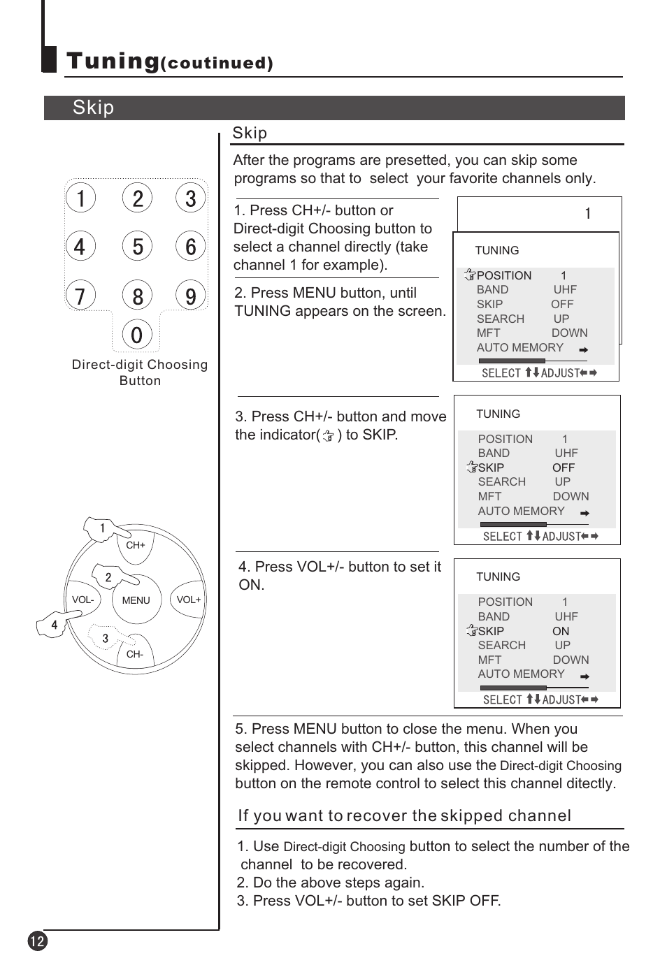 Tuning, Skip, Coutinued) | If you want to recover the skipped channel | haier 25T3A User Manual | Page 13 / 29