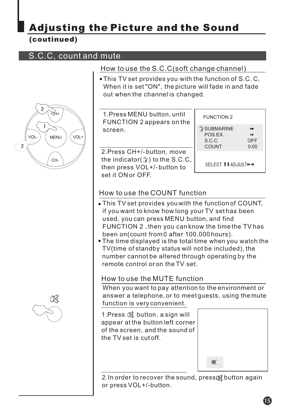 Adjusting the picture and the sound, S.c.c, count and mute | haier 25T3A User Manual | Page 16 / 29