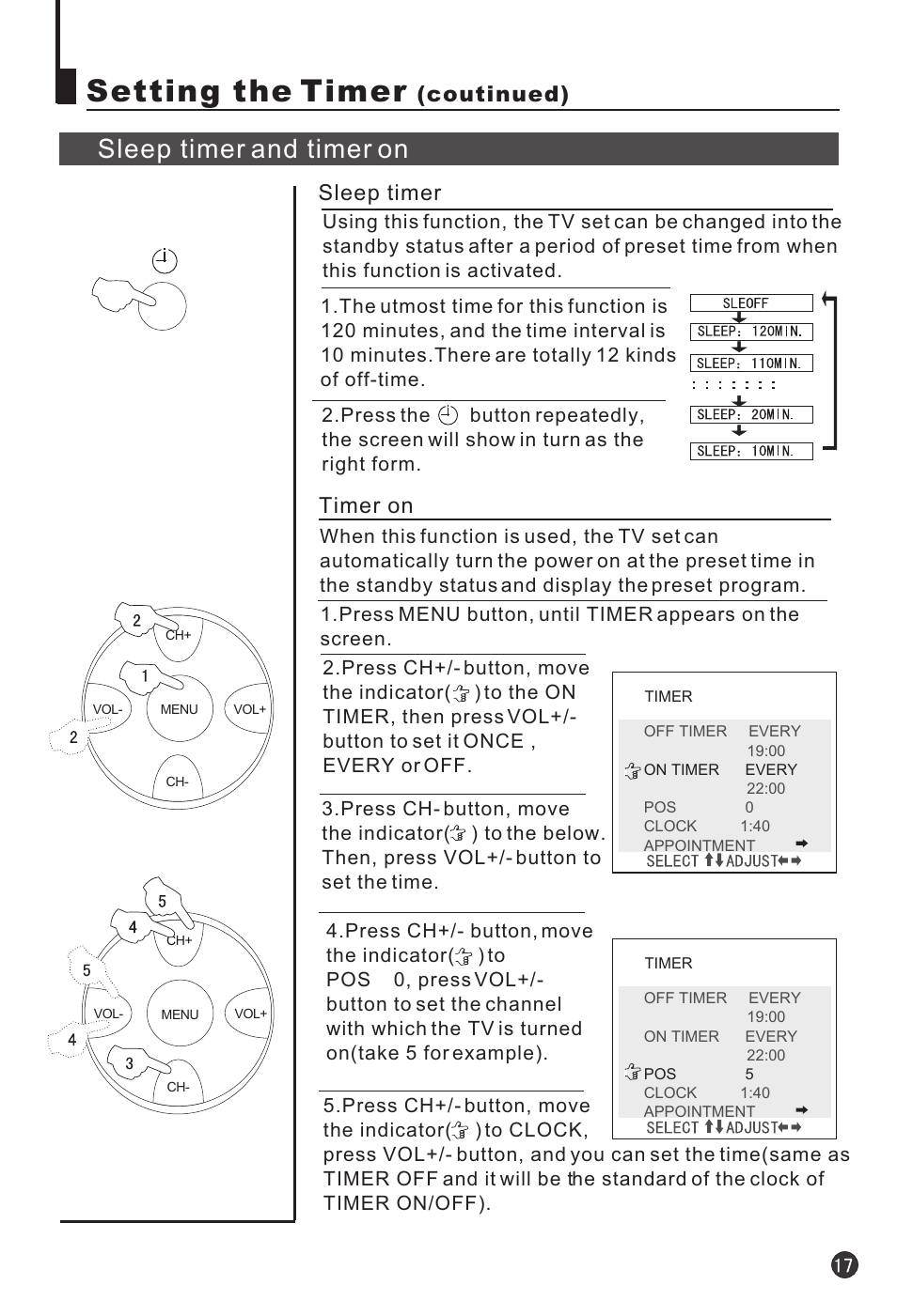 Setting the timer, Sleep timer and timer on, Timer on sleep timer | Coutinued) | haier 25T3A User Manual | Page 18 / 29
