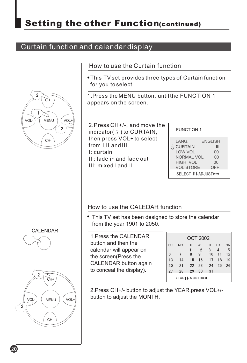 Setting the other function, Curtain function and calendar display, How to use the caledar function | Continued), How to use the curtain function | haier 25T3A User Manual | Page 21 / 29