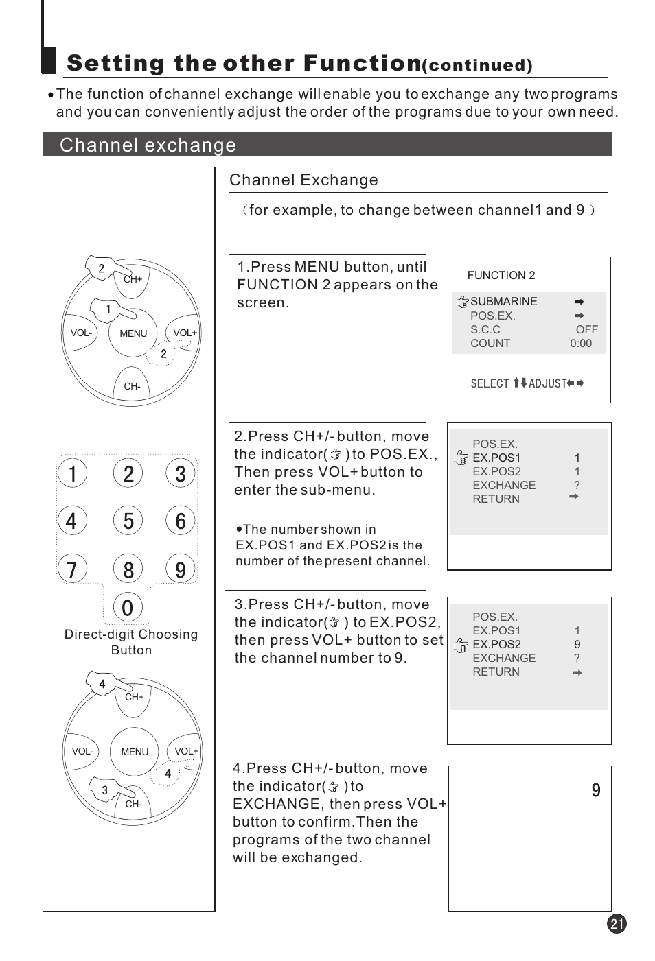 Setting the other function, Channel exchange, Continued) | haier 25T3A User Manual | Page 22 / 29
