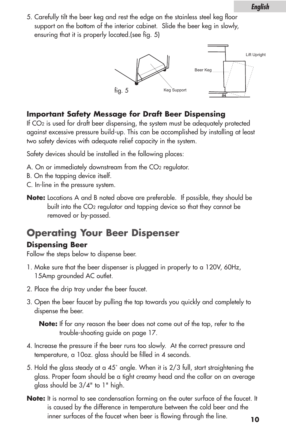 Operating your beer dispenser, English, Important safety message for draft beer dispensing | Dispensing beer | haier HBF05E User Manual | Page 11 / 72