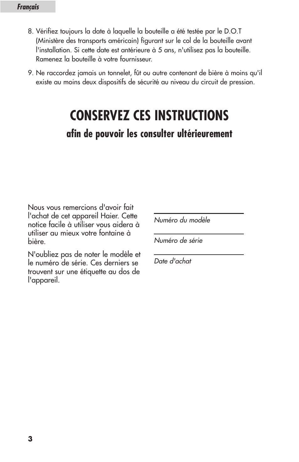 Conservez ces instructions, Afin de pouvoir les consulter ultérieurement | haier HBF05E User Manual | Page 26 / 72